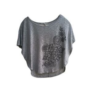 Aeropostale Women Small Butterfly Sleeve Shirt Gray Flower Embroidery Cropped